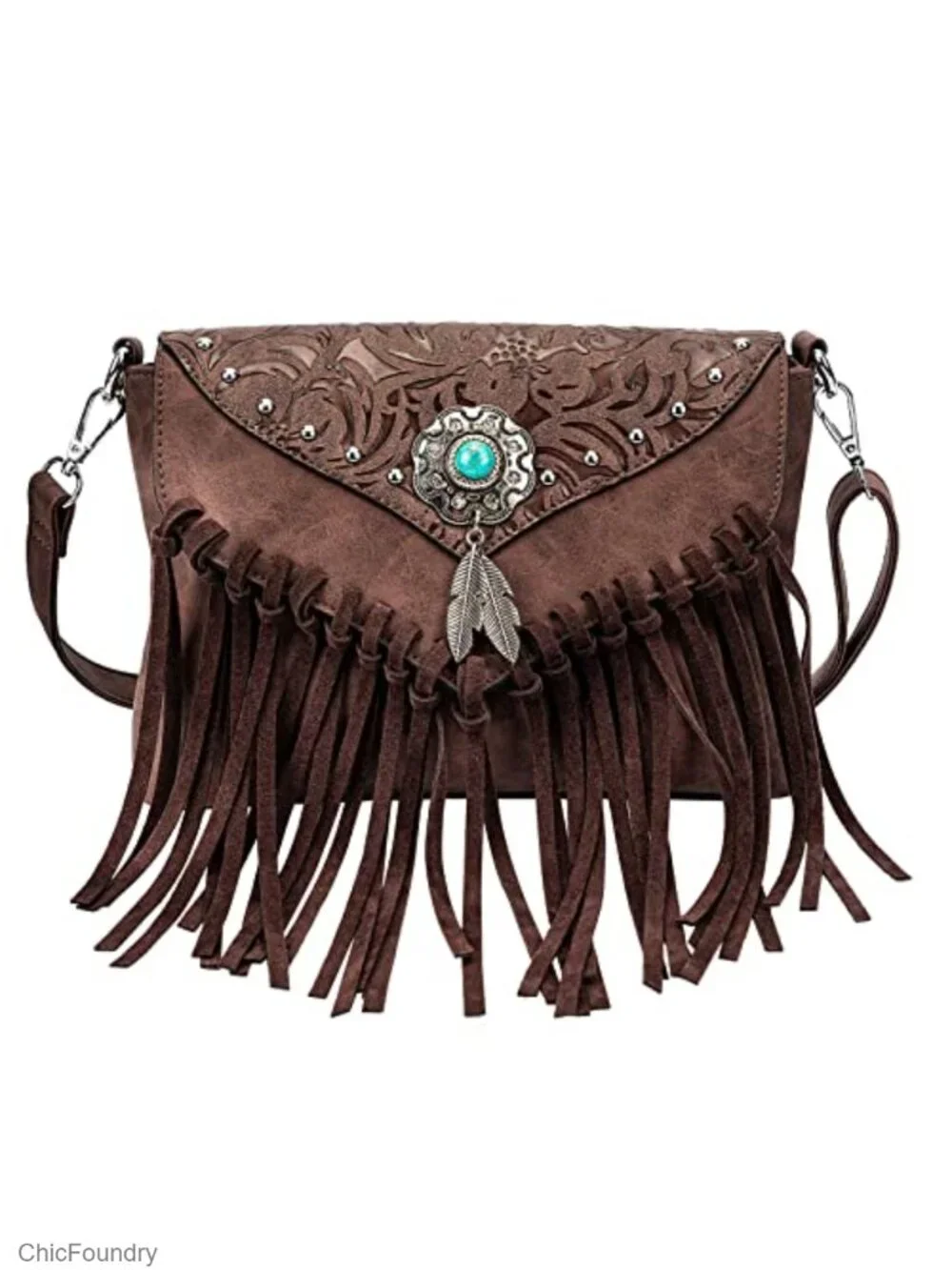 Small Faux Leather Crossbody Bag with Fringe Tassel and Turquoise Concho